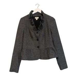 Ann Taylor Loft Women's Gray Jacket | Black Ruffle neck line tweed blazer | 4